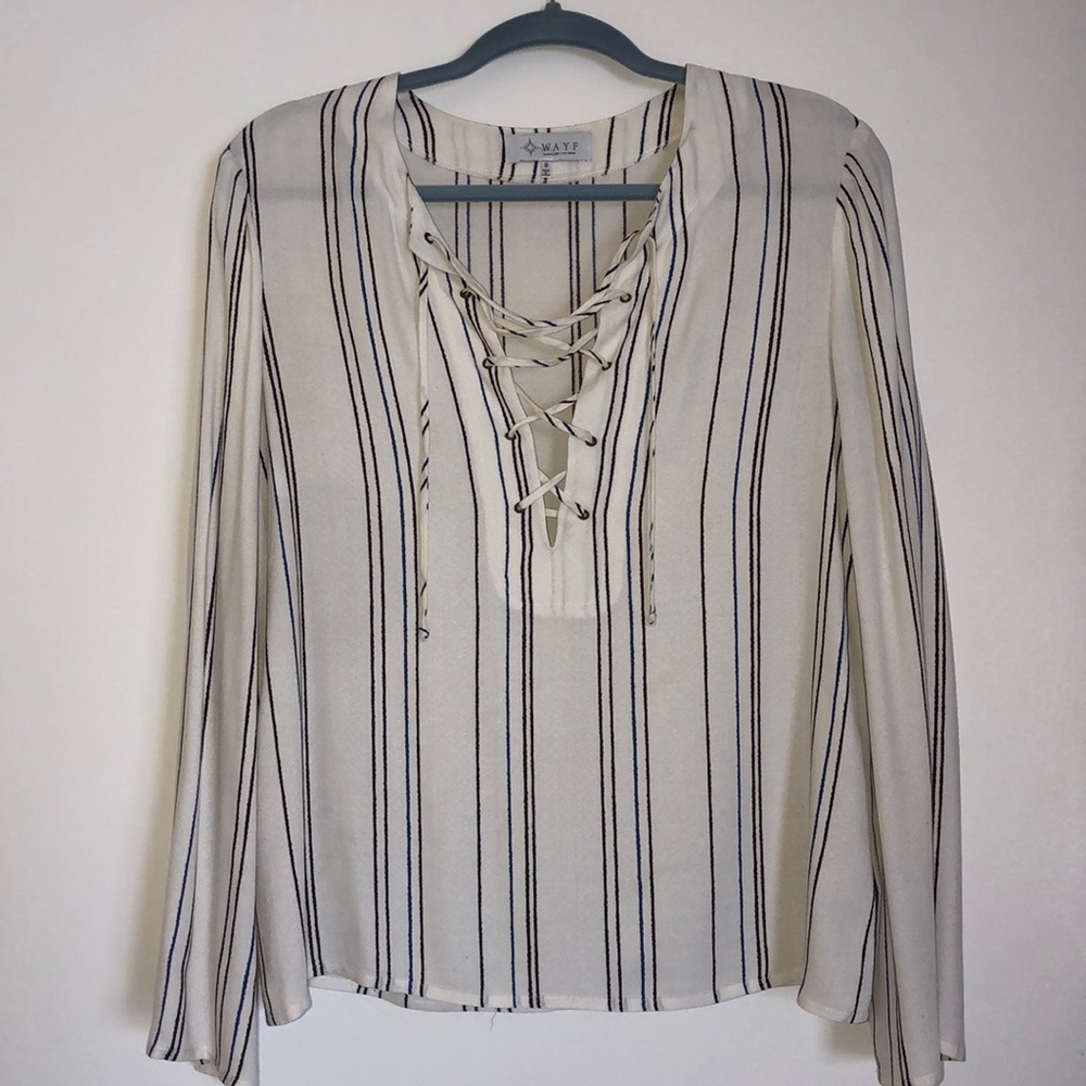 Cream and Striped Long Sleeved Tie Up Blouse